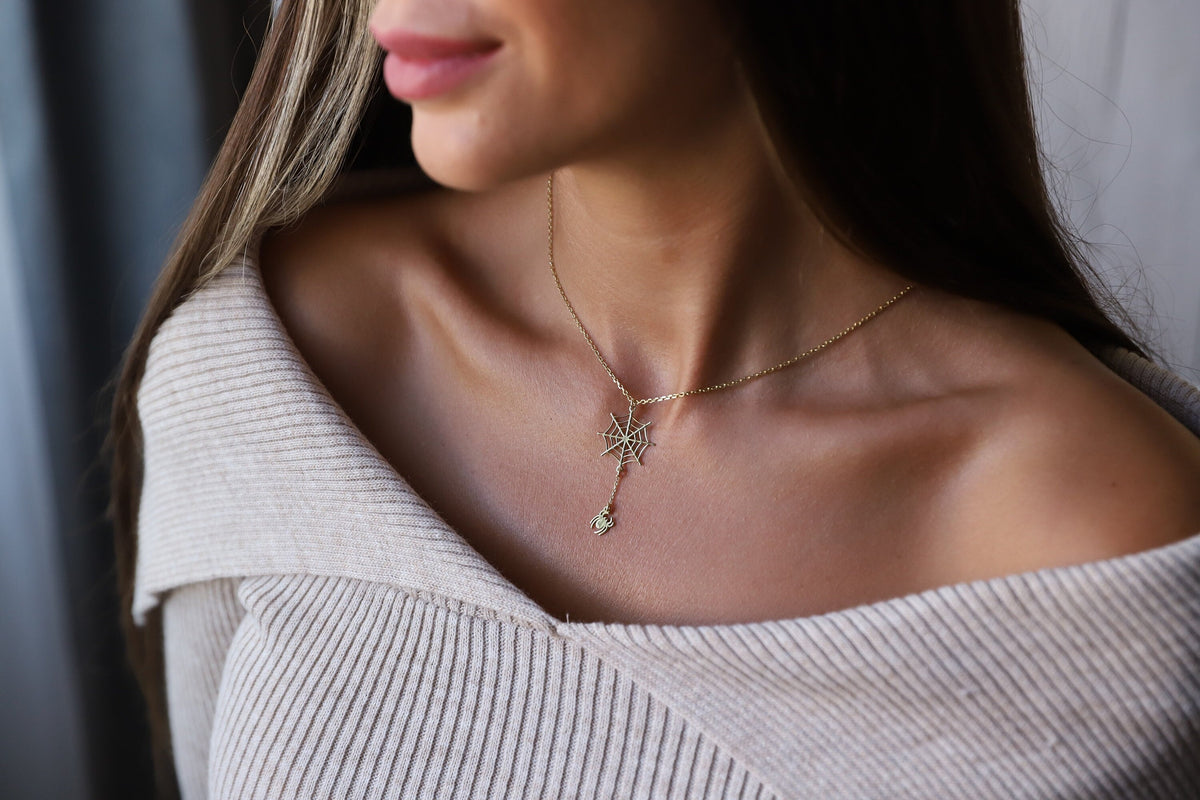 Halloween Spider Web Gold Necklace Gifts, Scary Spider Silver Jewelry by NecklaceDreamWorld