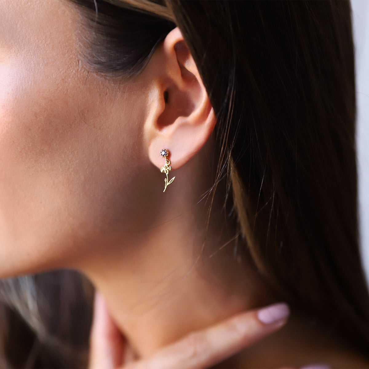 Dangle Birth Month Flower with Birthstone Earrings, Personalized Dainty Silver and Gold Cubic Zirconia Diamonds Stud Earrings, Gifts for Her