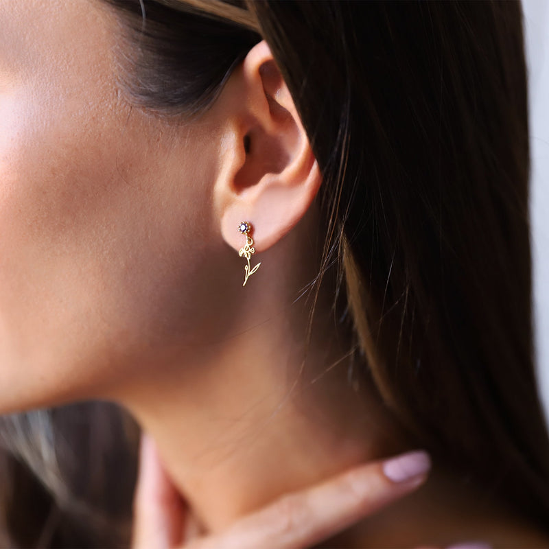 Dangle Birth Month Flower with Birthstone Earrings, Personalized Dainty Silver and Gold Cubic Zirconia Diamonds Stud Earrings, Gifts for Her