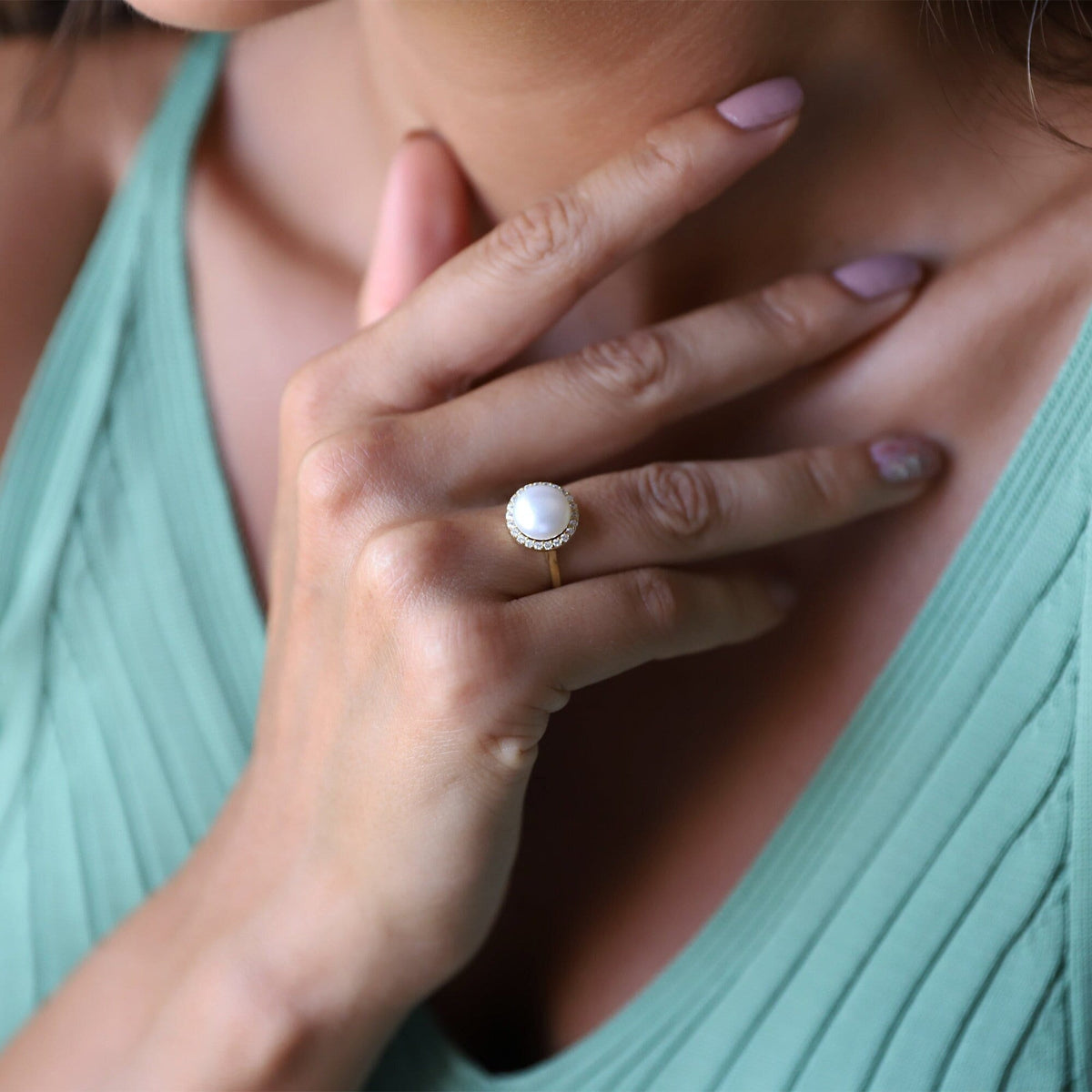 White Pearl Freshwater Round Ring with Diamonds (CZ) • Gold Dainty Pearl Ring for Women • Cocktail Ring • Perfect Birthday Gifts