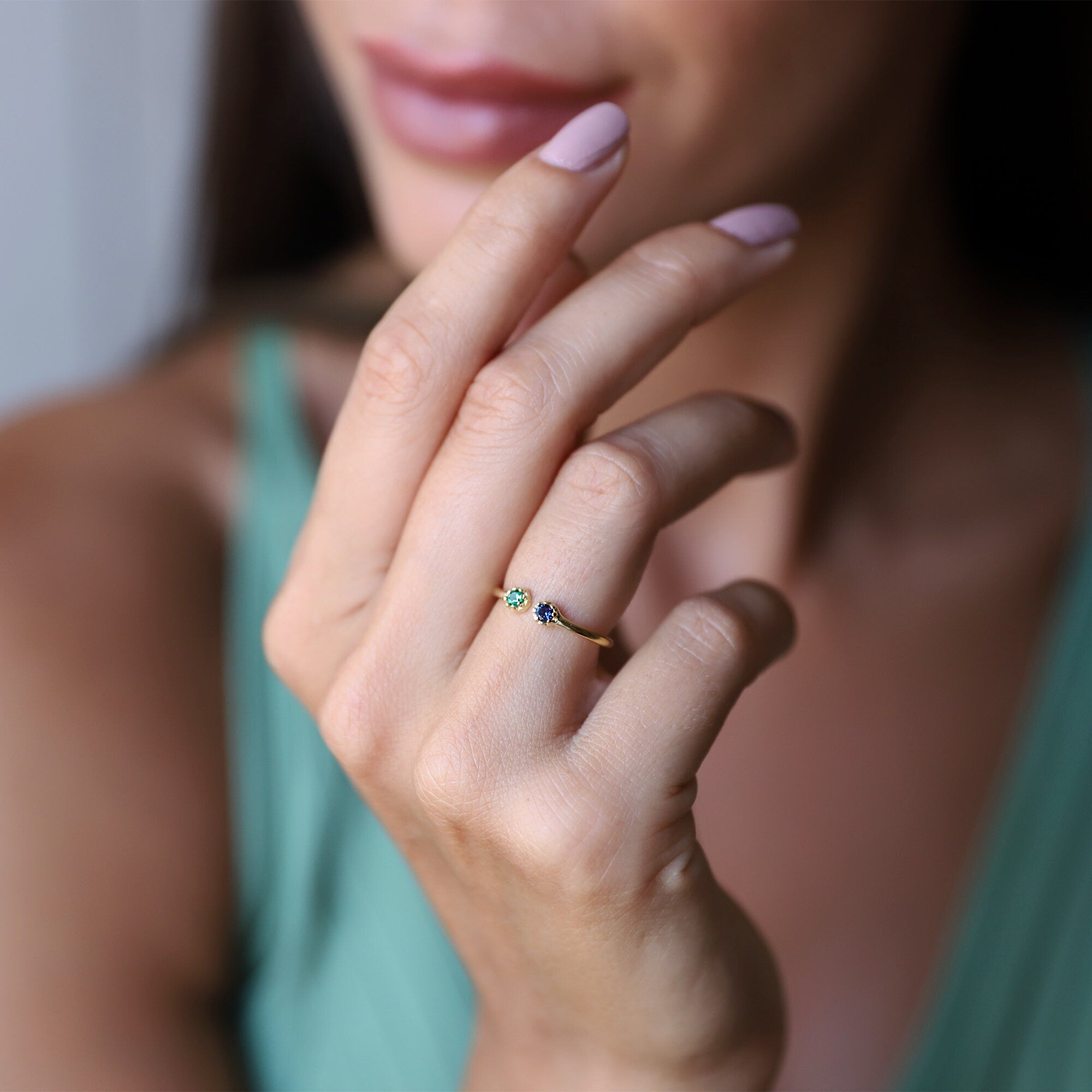 Custom Dainty Two Birthstones Gold Rings for Women Tiny Rings with CZ Diamond Mothers Ring Gemstone Ring