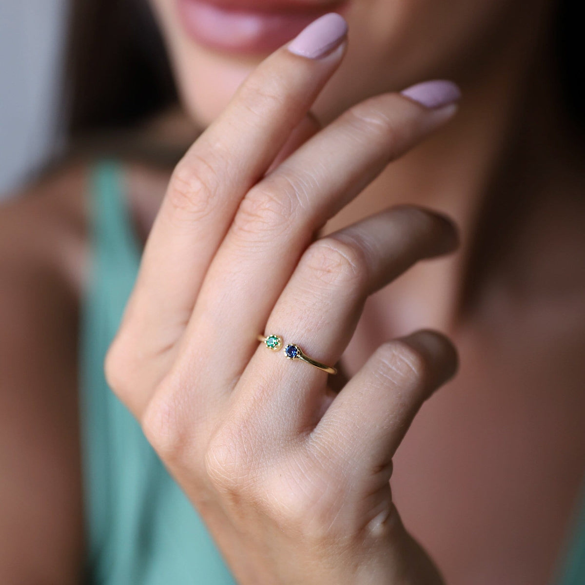 Custom Dainty Two Birthstones Gold Rings for Women | Tiny Rings with CZ Diamond | Mothers Ring | Gemstone Ring