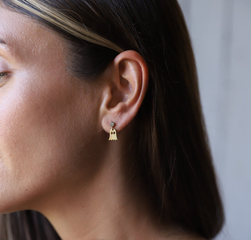Cute Ghost Stud Earrings Halloween Gifts, Dainty Gold Stud Earrings with Cubic Zirconia, Gifts for Her