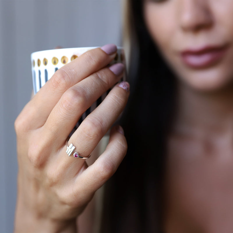 Custom Initial and Lucky Number Ring with Gemstones, Personalized Dainty Number and Initial Sterling Silver, Gold and Rose Gold Jewelry