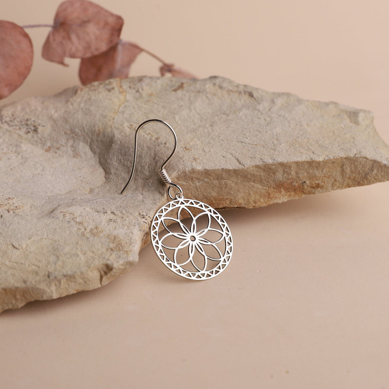 Dangle Gold Mandala Earrings, Sacred Geometry Jewelry, Flower of Life Earrings, Ready to Ship Sterling Silver, Gold and Rose Gifts for Her