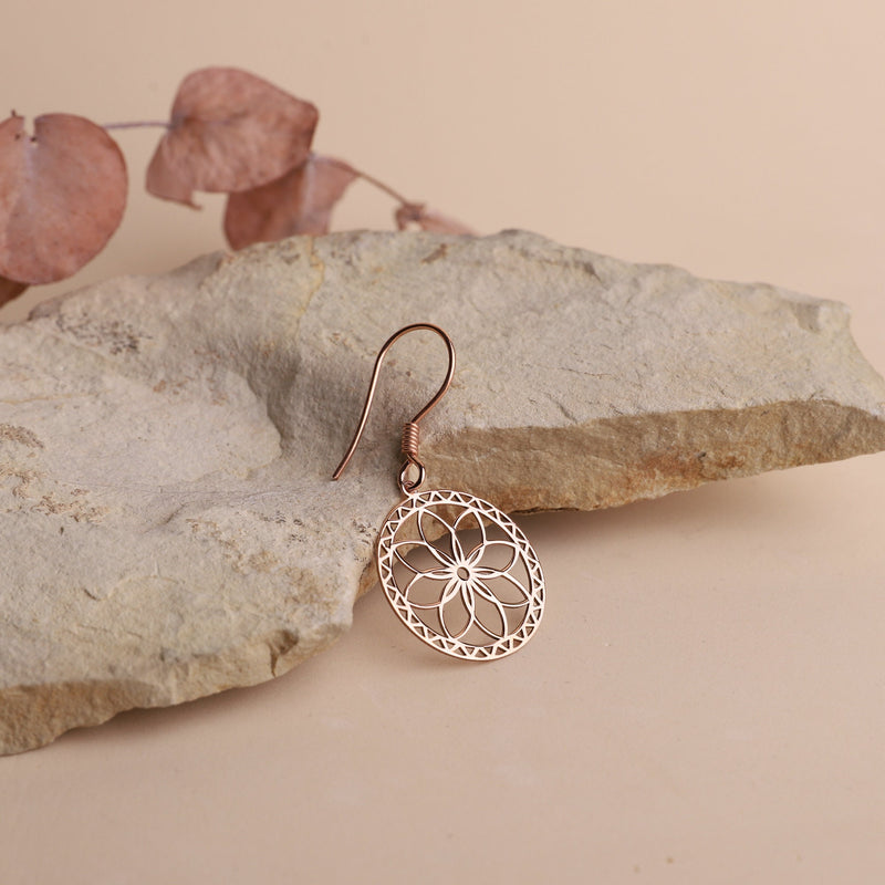 Dangle Gold Mandala Earrings, Sacred Geometry Jewelry, Flower of Life Earrings, Ready to Ship Sterling Silver, Gold and Rose Gifts for Her