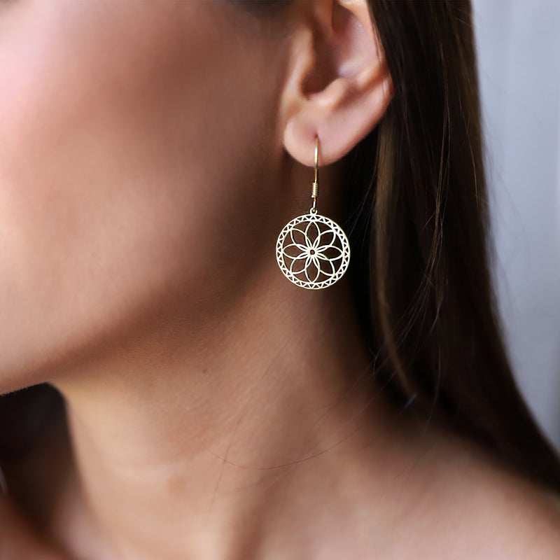 Dangle Gold Mandala Earrings, Sacred Geometry Jewelry, Flower of Life Earrings, Ready to Ship Sterling Silver, Gold and Rose Gifts for Her