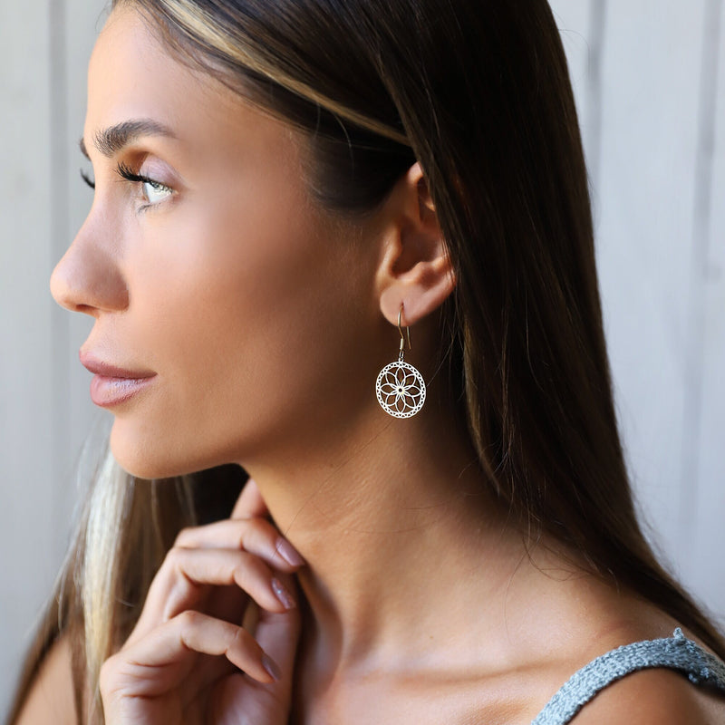 Dangle Gold Mandala Earrings, Sacred Geometry Jewelry, Flower of Life Earrings, Ready to Ship Sterling Silver, Gold and Rose Gifts for Her
