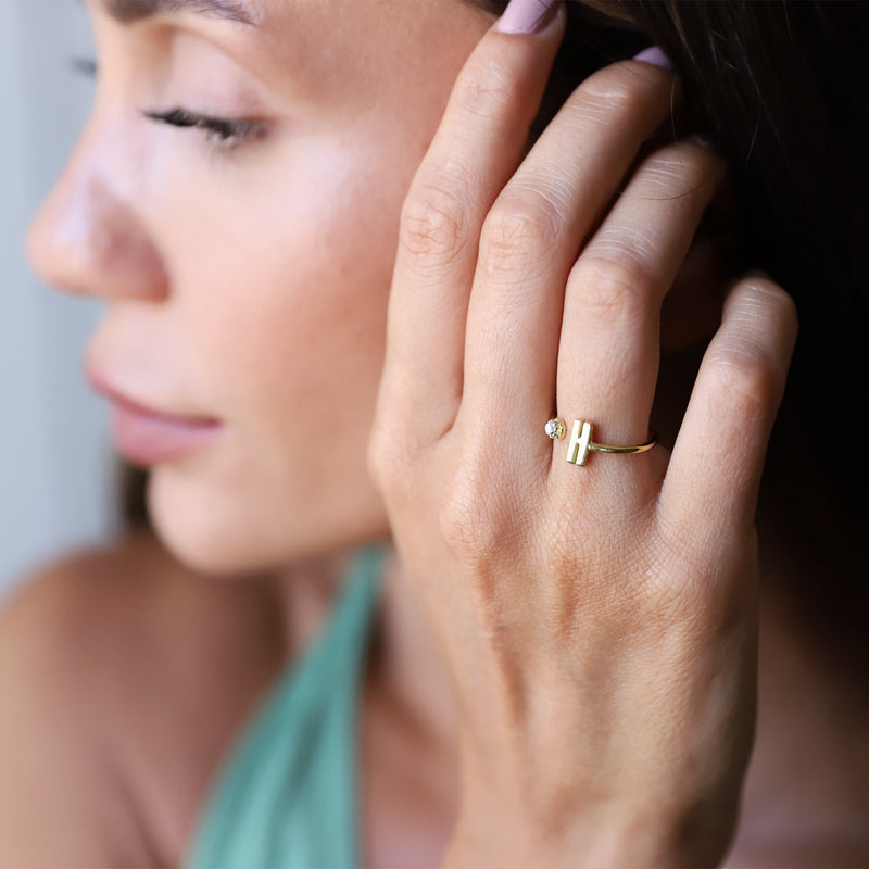 Custom Initial and Lucky Number Ring with Gemstones, Personalized Dainty Number and Initial Sterling Silver, Gold and Rose Gold Jewelry