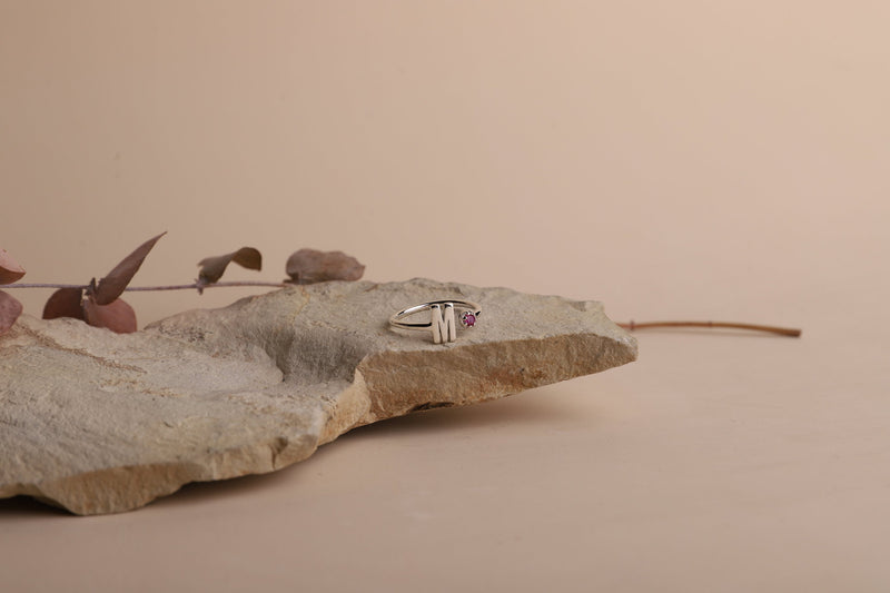 Custom Initial and Lucky Number Ring with Gemstones, Personalized Dainty Number and Initial Sterling Silver, Gold and Rose Gold Jewelry
