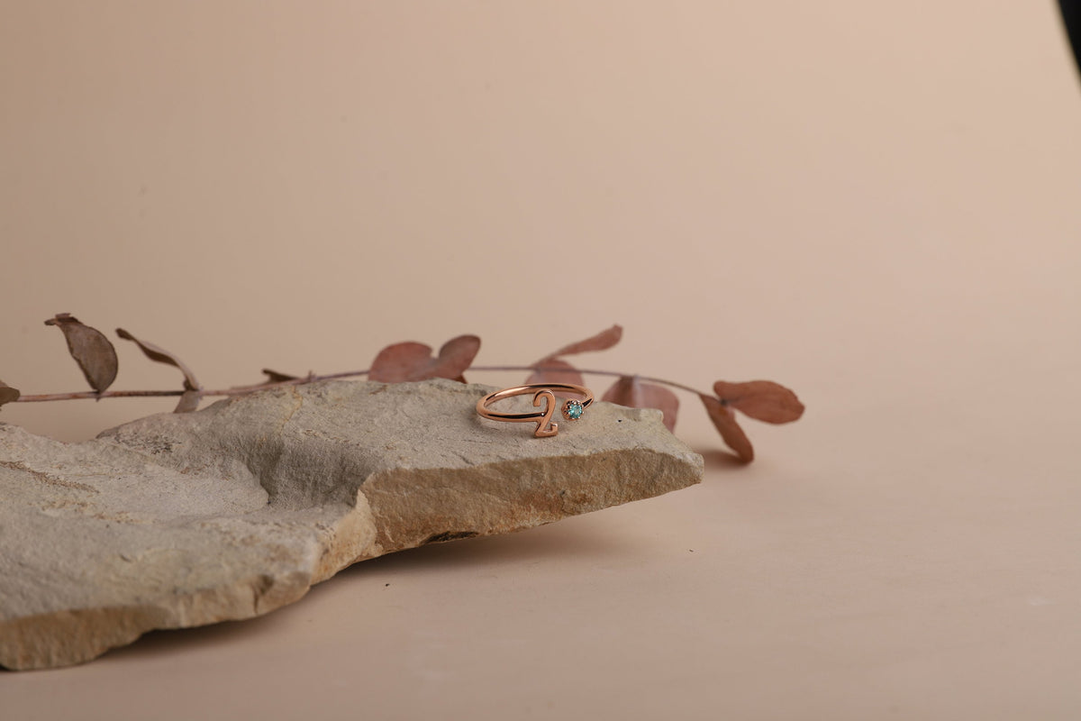 Custom Initial and Lucky Number Ring with Gemstones, Personalized Dainty Number and Initial Sterling Silver, Gold and Rose Gold Jewelry