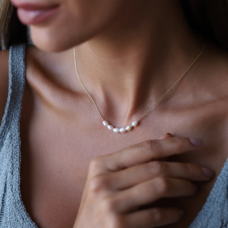 Tiny Pearl Necklace, Bridesmaids Gifts, Pearl Choker Necklace • Bridal Shower Gift • Dainty Minimalist 6 Oval Pearls Freshwater Jewelry
