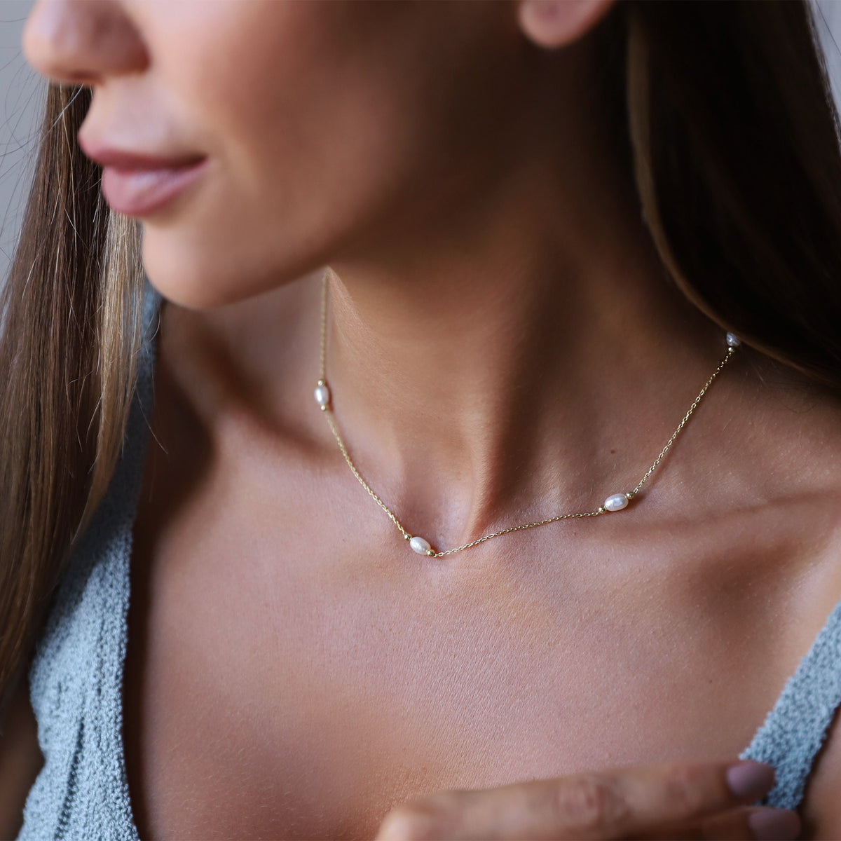 Station Necklace, Freshwater Pearl Necklace, 14K Gold Cute Gold Pearl Choker Necklace • Vintage Style • Handmade Bridesmaid Gifts