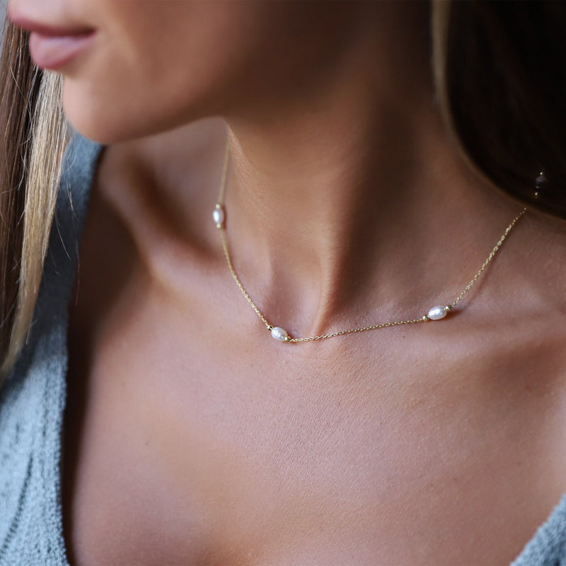 Station Necklace, Freshwater Pearl Necklace, 14K Gold Cute Gold Pearl Choker Necklace • Vintage Style • Handmade Bridesmaid Gifts