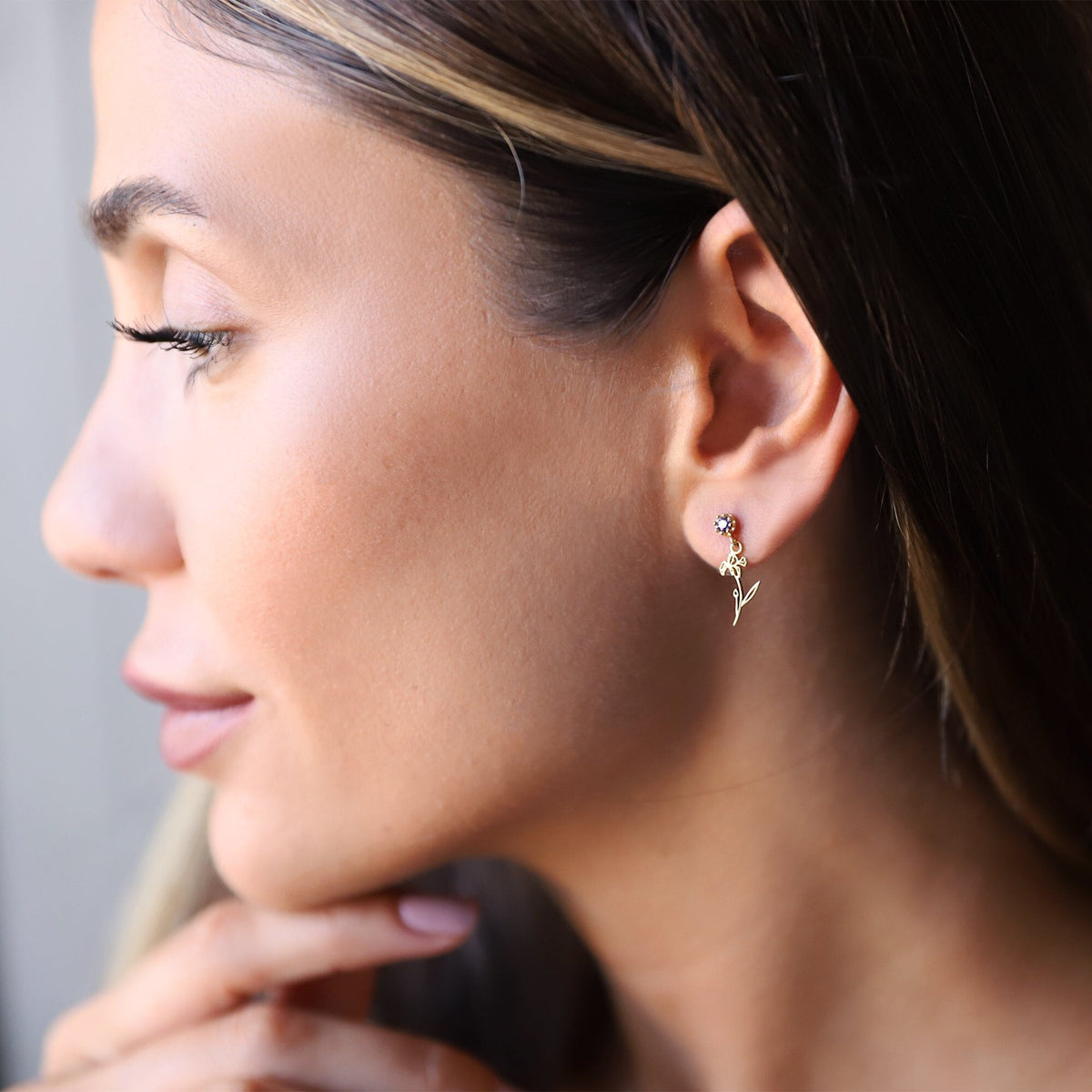 Dangle Birth Month Flower with Birthstone Earrings, Personalized Dainty Silver and Gold Cubic Zirconia Diamonds Stud Earrings, Gifts for Her