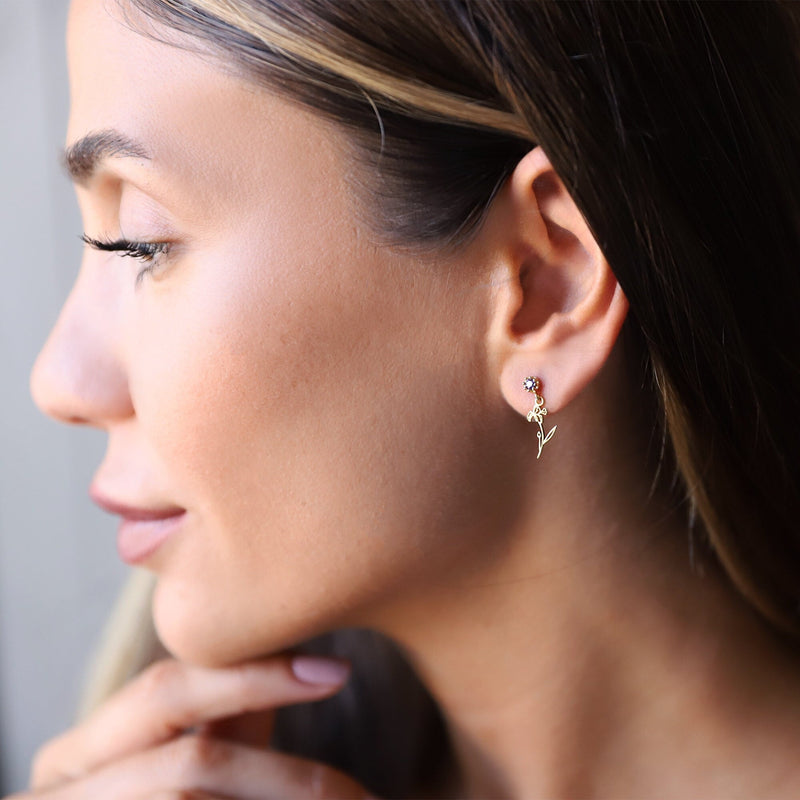 Dangle Birth Month Flower with Birthstone Earrings, Personalized Dainty Silver and Gold Cubic Zirconia Diamonds Stud Earrings, Gifts for Her