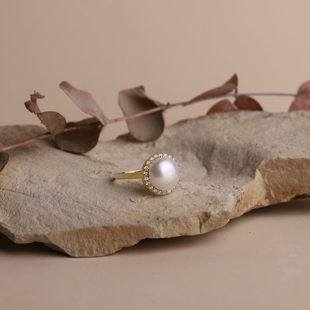 White Pearl Freshwater Round Ring with Diamonds (CZ) • Gold Dainty Pearl Ring for Women • Cocktail Ring • Perfect Birthday Gifts