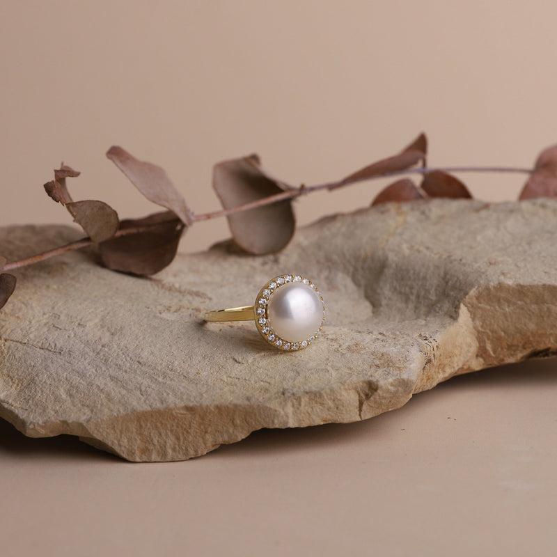 White Pearl Freshwater Round Ring with Diamonds (CZ) • Gold Dainty Pearl Ring for Women • Cocktail Ring • Perfect Birthday Gifts