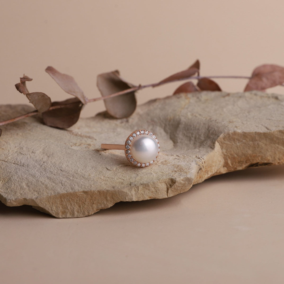 White Pearl Freshwater Round Ring with Diamonds (CZ) • Gold Dainty Pearl Ring for Women • Cocktail Ring • Perfect Birthday Gifts