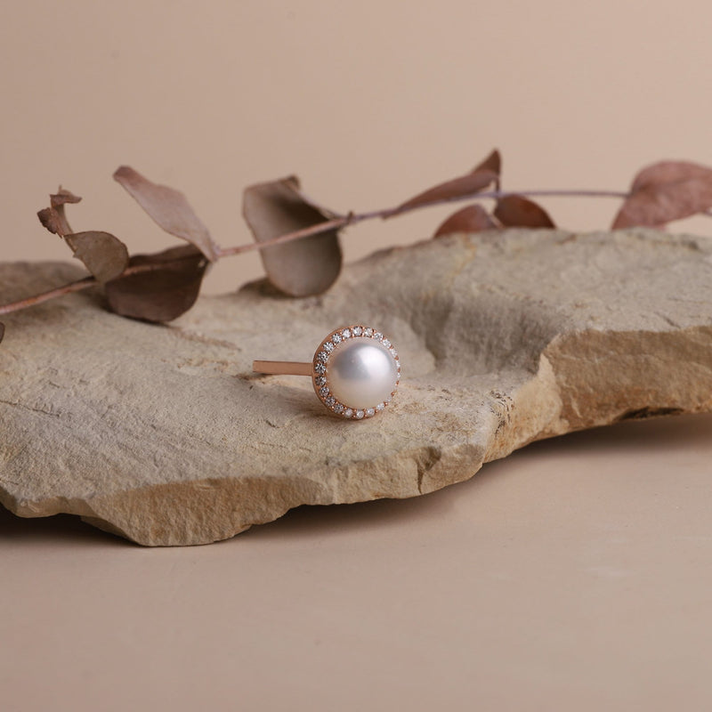 White Pearl Freshwater Round Ring with Diamonds (CZ) • Gold Dainty Pearl Ring for Women • Cocktail Ring • Perfect Birthday Gifts