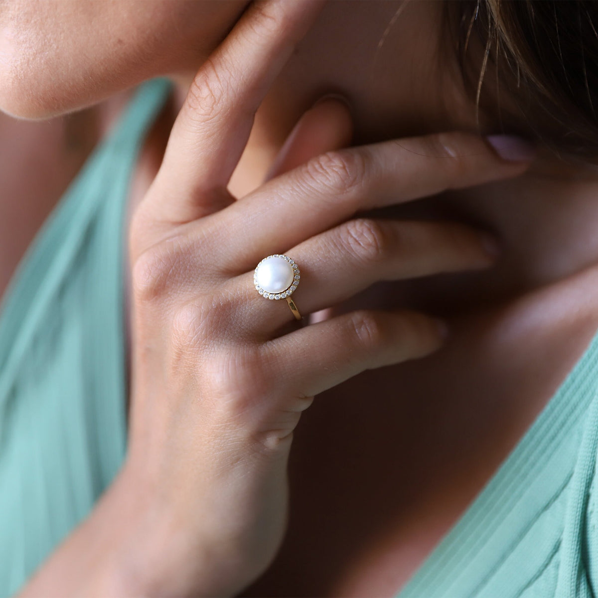 White Pearl Freshwater Round Ring with Diamonds (CZ) • Gold Dainty Pearl Ring for Women • Cocktail Ring • Perfect Birthday Gifts