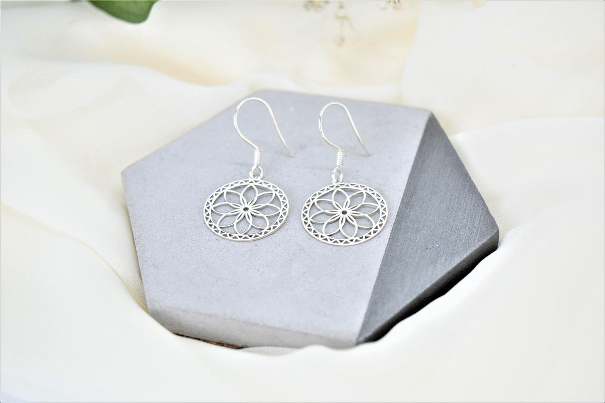 Dangle Gold Mandala Earrings, Sacred Geometry Jewelry, Flower of Life Earrings, Ready to Ship Sterling Silver, Gold and Rose Gifts for Her