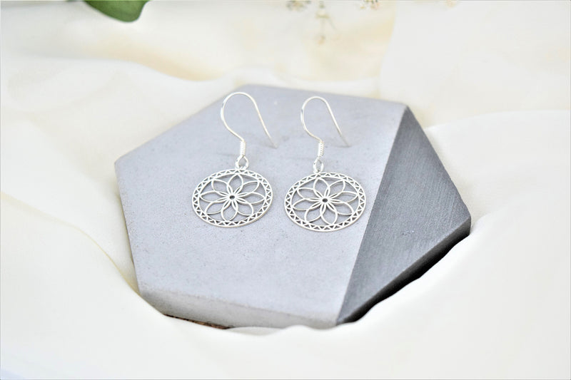 Dangle Gold Mandala Earrings, Sacred Geometry Jewelry, Flower of Life Earrings, Ready to Ship Sterling Silver, Gold and Rose Gifts for Her