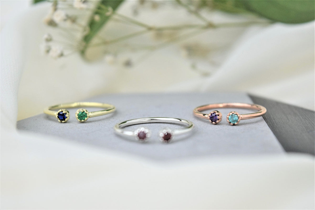 Custom Dainty Two Birthstones Gold Rings for Women | Tiny Rings with CZ Diamond | Mothers Ring | Gemstone Ring