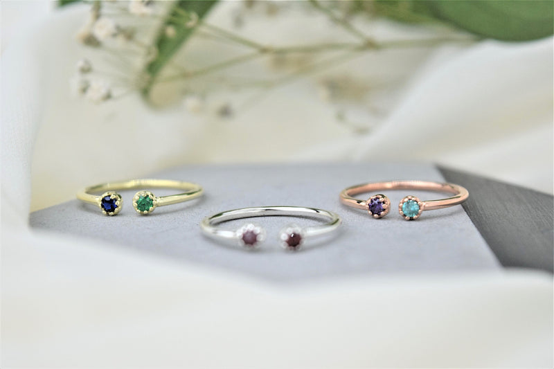 Custom Dainty Two Birthstones Gold Rings for Women | Tiny Rings with CZ Diamond | Mothers Ring | Gemstone Ring