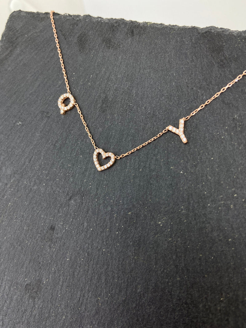 Cute Dainty Two Initial Pave Necklace with Diamond Heart • Custom Tiny Letter Necklace • Personalized Minimal Jewelry Christmas Gifts