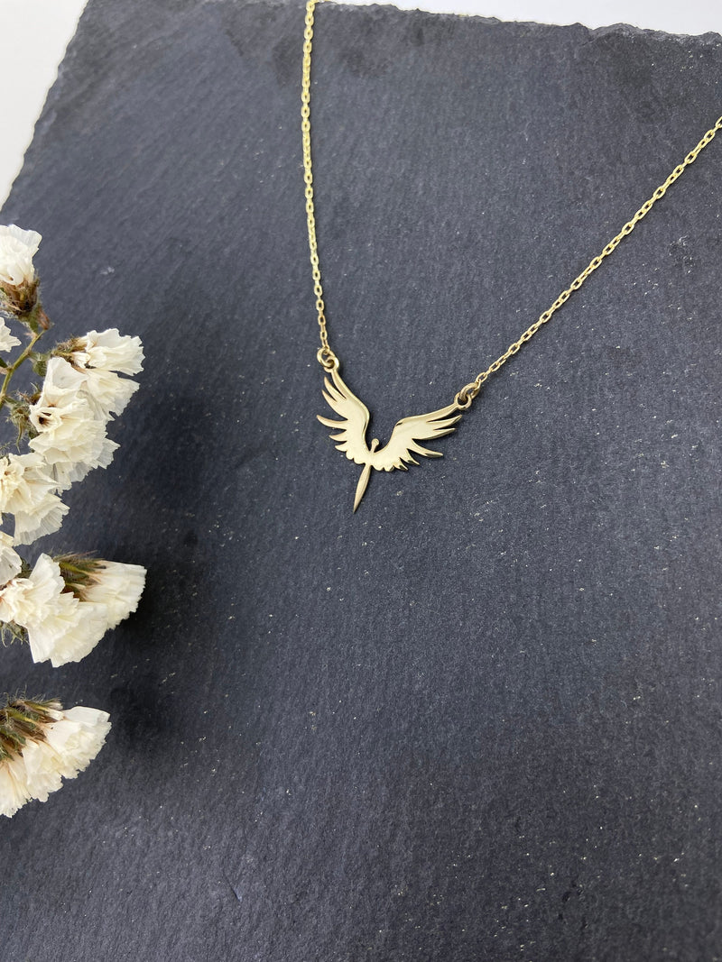 Unique Phoenix Gold Necklace • Michael Angel Dainty Necklace • Mythologic Simurg Necklace • Special Bird Necklace • Gift for Her, Him