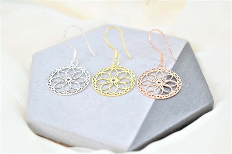 Dangle Gold Mandala Earrings, Sacred Geometry Jewelry, Flower of Life Earrings, Ready to Ship Sterling Silver, Gold and Rose Gifts for Her
