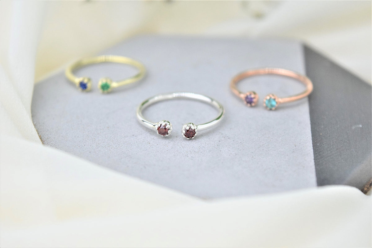Custom Dainty Two Birthstones Gold Rings for Women | Tiny Rings with CZ Diamond | Mothers Ring | Gemstone Ring