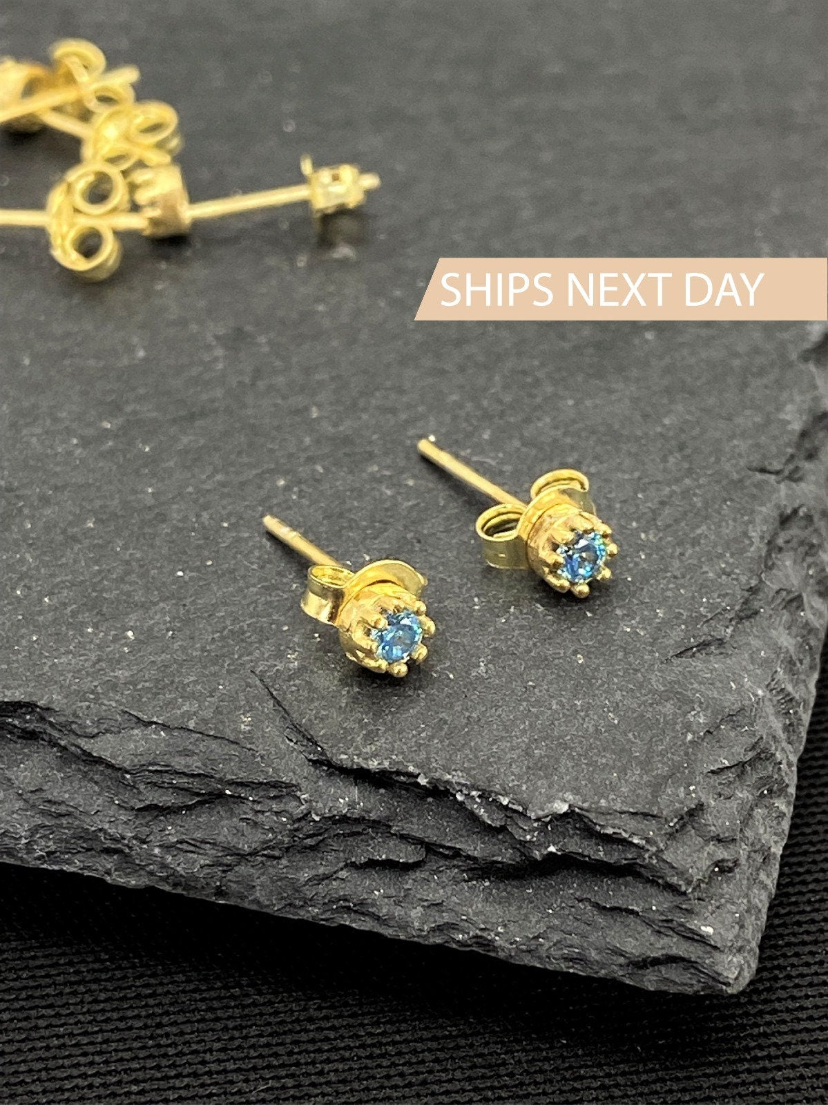 Waterproof CZ Diamonds Blue Topaz Earrings Birthstones Studs, Sterling Silver, Gold and Rose Gold • Minimalist Jewelry by NecklaceDreamWorld