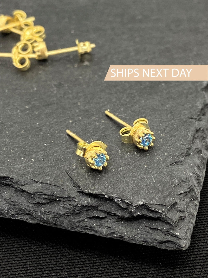 Waterproof CZ Diamonds Blue Topaz Earrings Birthstones Studs, Sterling Silver, Gold and Rose Gold • Minimalist Jewelry by NecklaceDreamWorld
