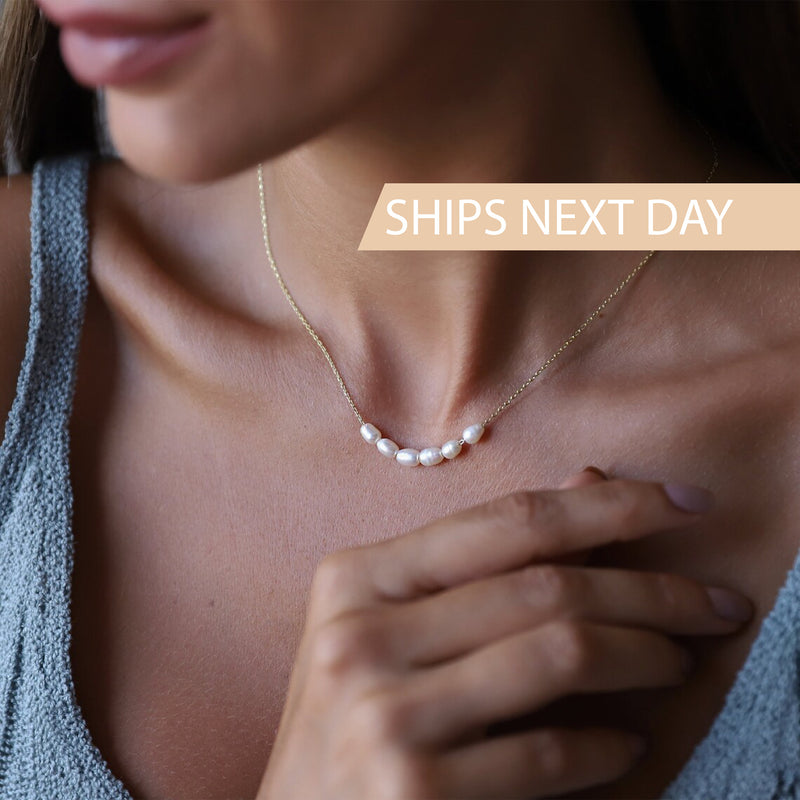 Tiny Pearl Necklace, Bridesmaids Gifts, Pearl Choker Necklace • Bridal Shower Gift • Dainty Minimalist 6 Oval Pearls Freshwater Jewelry