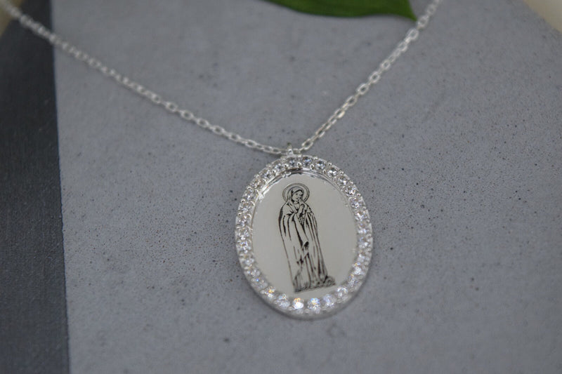 Handmade Virgin Mary Silver Necklace with Cubic Zirconia • Holy Mother Mary Oval Necklace • Symbol Necklace • Gift for Her