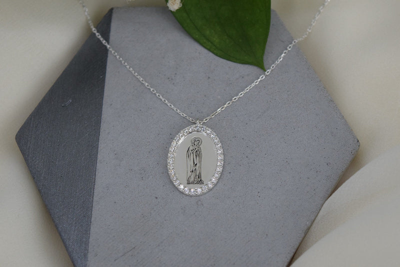 Handmade Virgin Mary Silver Necklace with Cubic Zirconia • Holy Mother Mary Oval Necklace • Symbol Necklace • Gift for Her