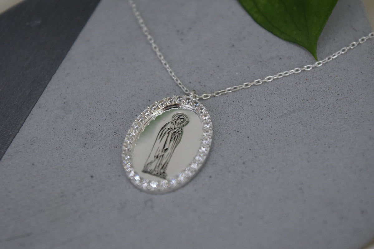 Handmade Virgin Mary Silver Necklace with Cubic Zirconia • Holy Mother Mary Oval Necklace • Symbol Necklace • Gift for Her