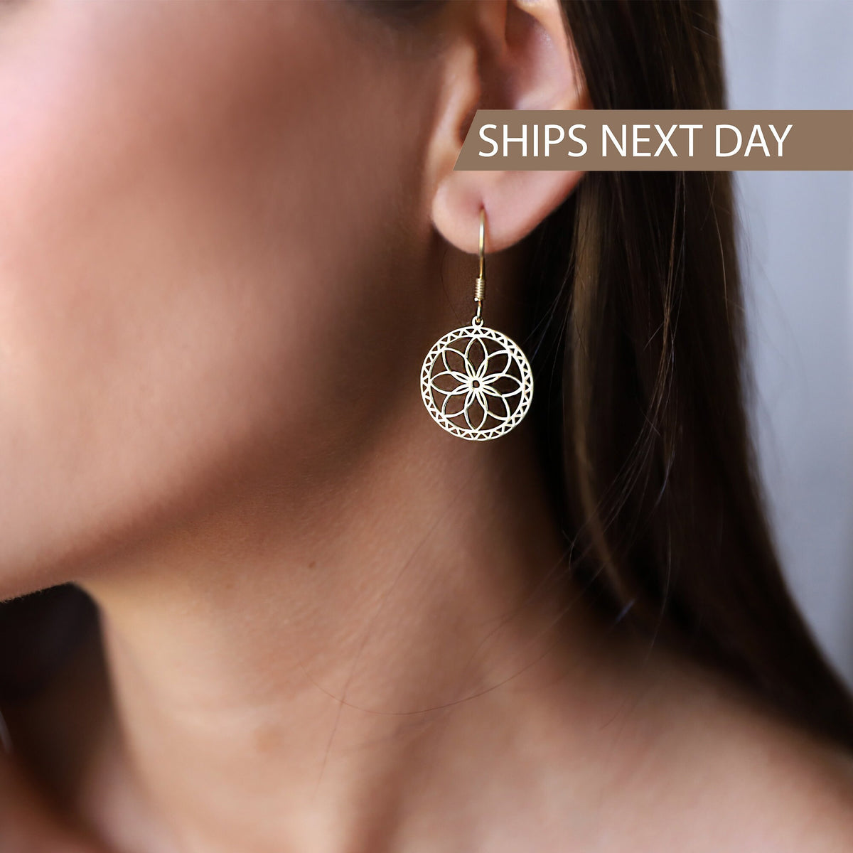 Dangle Gold Mandala Earrings, Sacred Geometry Jewelry, Flower of Life Earrings, Ready to Ship Sterling Silver, Gold and Rose Gifts for Her