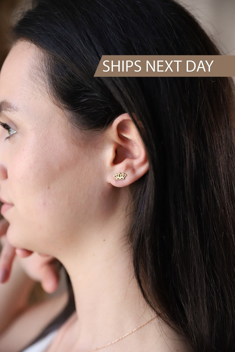 Cute Lotus Stud Earrings Sterling Silver, Gold and Rose Gold | Gold Flower Earrings | Mandala Stud Earrings | Gifts for Her and Him