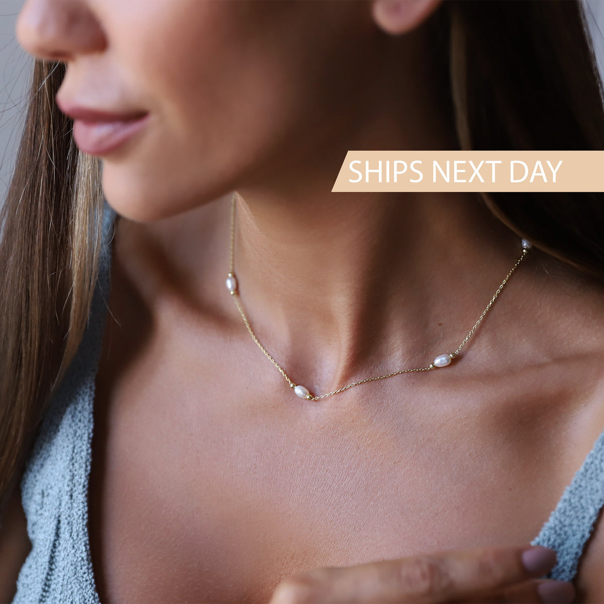 Station Necklace, Freshwater Pearl Necklace, 14K Gold Cute Gold Pearl Choker Necklace • Vintage Style • Handmade Bridesmaid Gifts