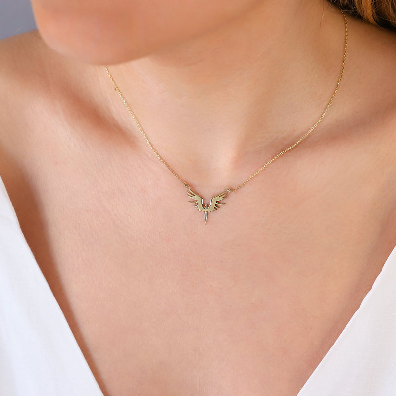 Unique Phoenix Gold Necklace • Michael Angel Dainty Necklace • Mythologic Simurg Necklace • Special Bird Necklace • Gift for Her, Him