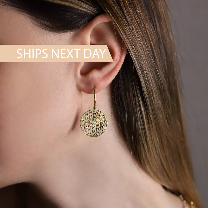 Sacred Geometry Dangle Earrings, Sterling Silver, Gold and Rose Gold Jewelry, Ships Next Day Flower of Life Earrings, Seed of Life Jewelry