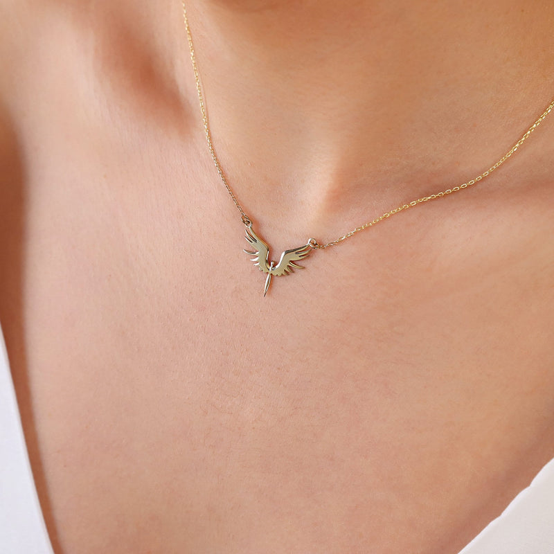 Unique Phoenix Gold Necklace • Michael Angel Dainty Necklace • Mythologic Simurg Necklace • Special Bird Necklace • Gift for Her, Him