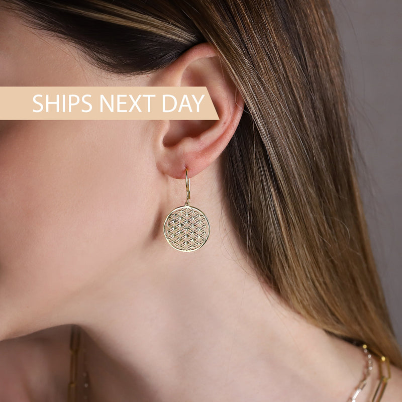 Sacred Geometry Dangle Earrings, Sterling Silver, Gold and Rose Gold Jewelry, Ships Next Day Flower of Life Earrings, Seed of Life Jewelry