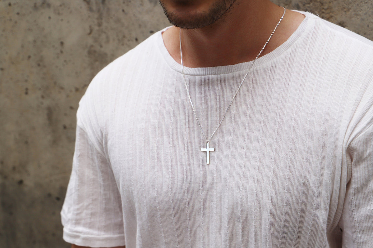 Pendant Cross Necklace Men with Curb Chain • Sterling Silver Cross Jewelry • Boyfriend Gift, Groomsmen Gift • Best Man Gift • Birthday Gifts