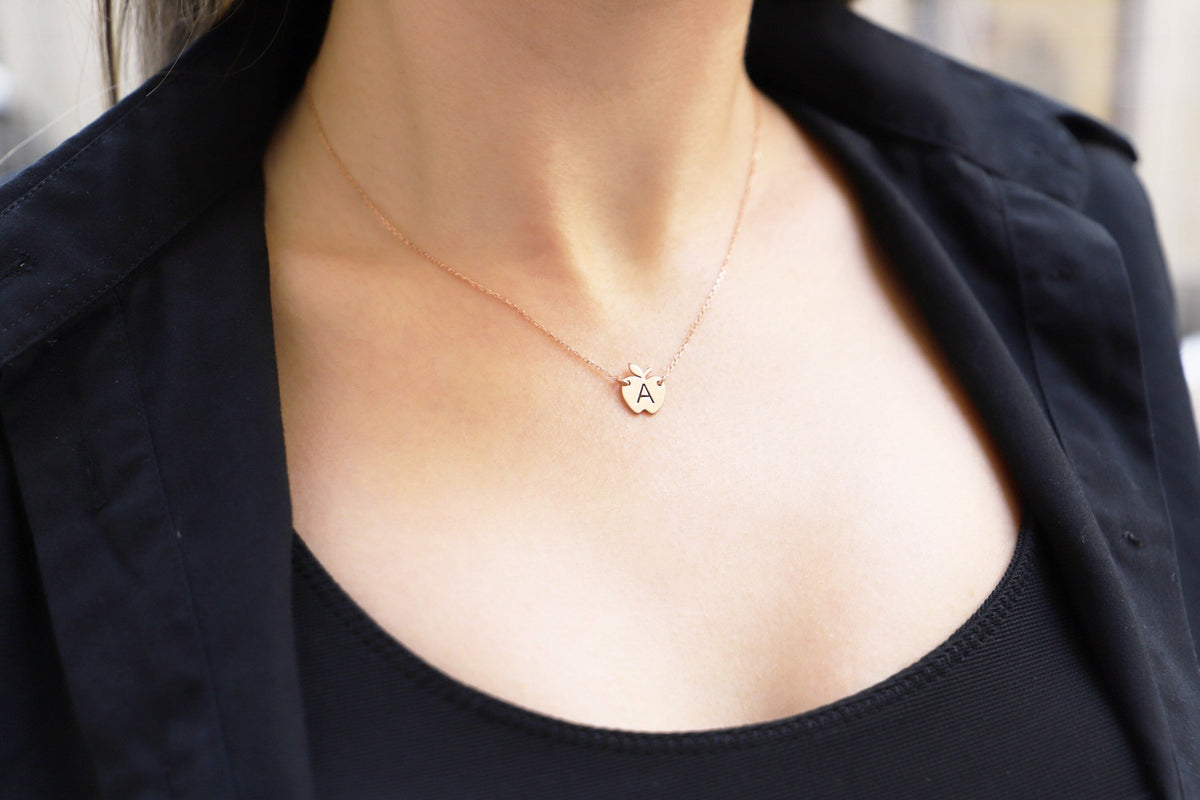 Apple Initial Necklace Gold | Sterling Silver Initial Necklace with Apple | Tiny Letter Necklace | Personalized Gifts | Birthday Gifts