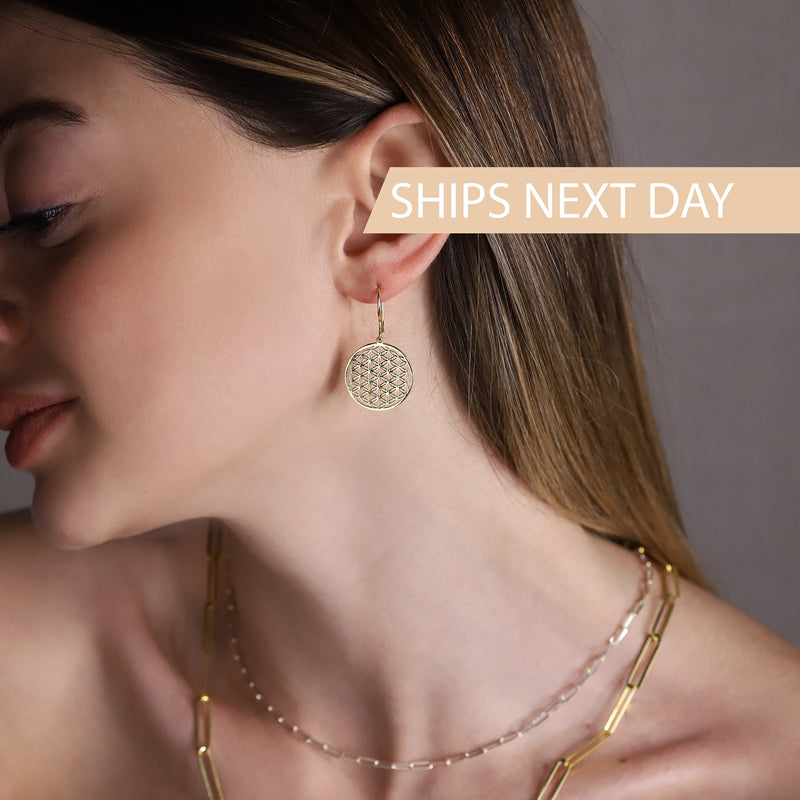 Sacred Geometry Dangle Earrings, Sterling Silver, Gold and Rose Gold Jewelry, Ships Next Day Flower of Life Earrings, Seed of Life Jewelry