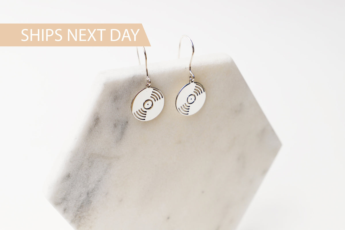 Vintage Style Record Albums Dangle Drop Earrings | Silver, Gold, Rose Minimalist Unique Trendy Jewelry | Perfect Anniversary Gift